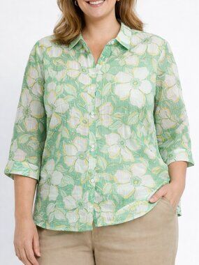 Alfred Dunner Green White Floral Semi Sheer Button Down 3/4 Sleeve 18W Blouse